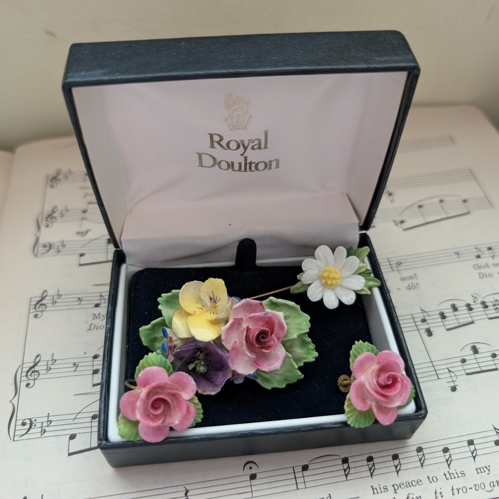 Royal Doulton Floral Brooch Earring And Pin Set - Pink, Yellow, White